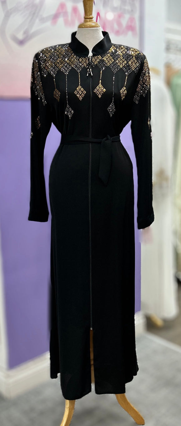 Embellished luxury abaya - black with front zipper 