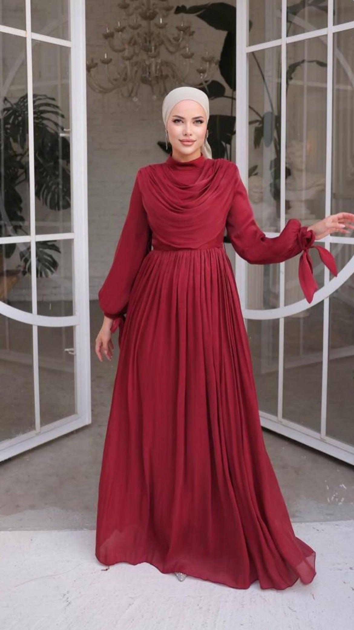 Long sleeve ruched burgundy dress - Modest dress