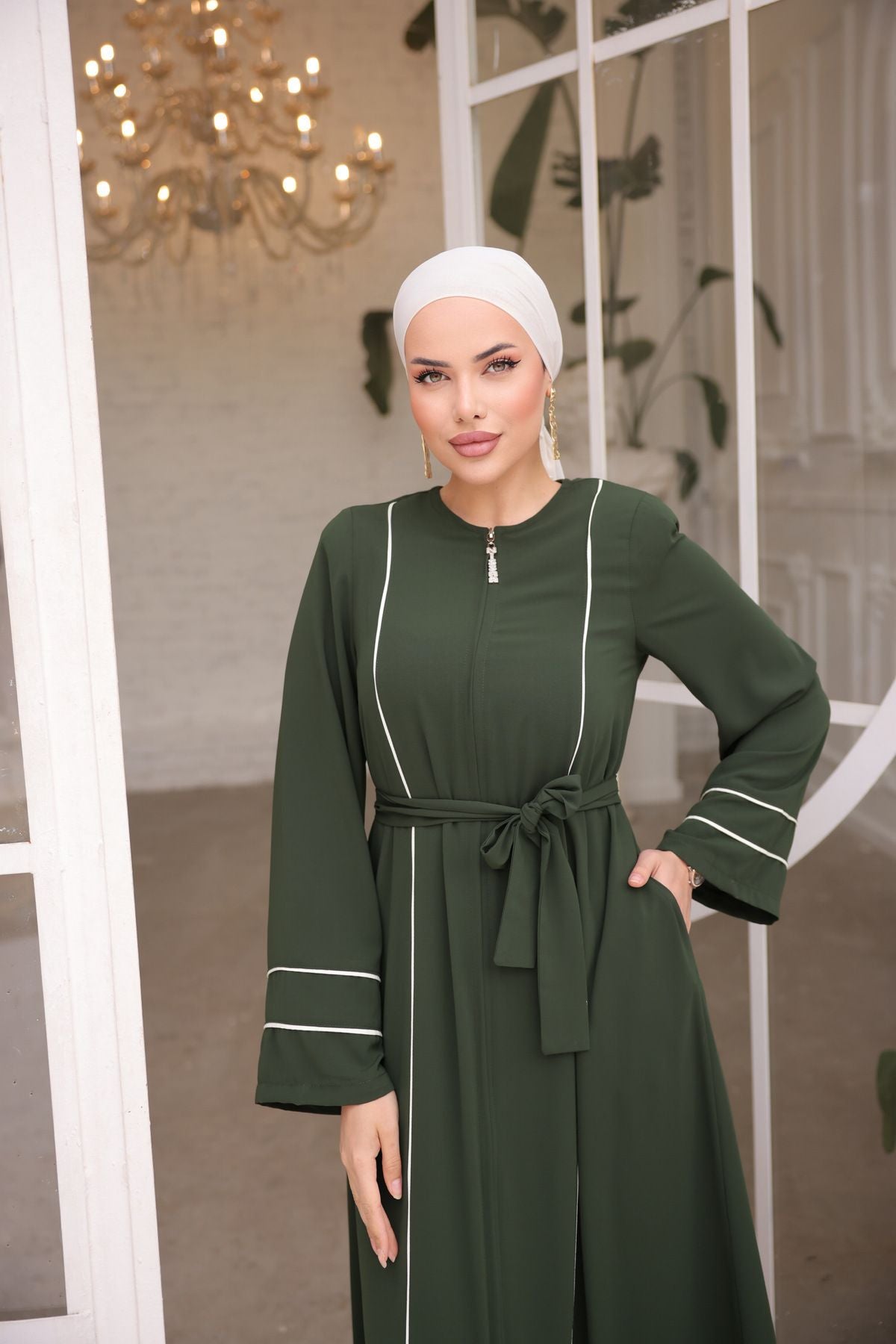 Elegant Green Abaya with Contrast Piping & Waist Tie