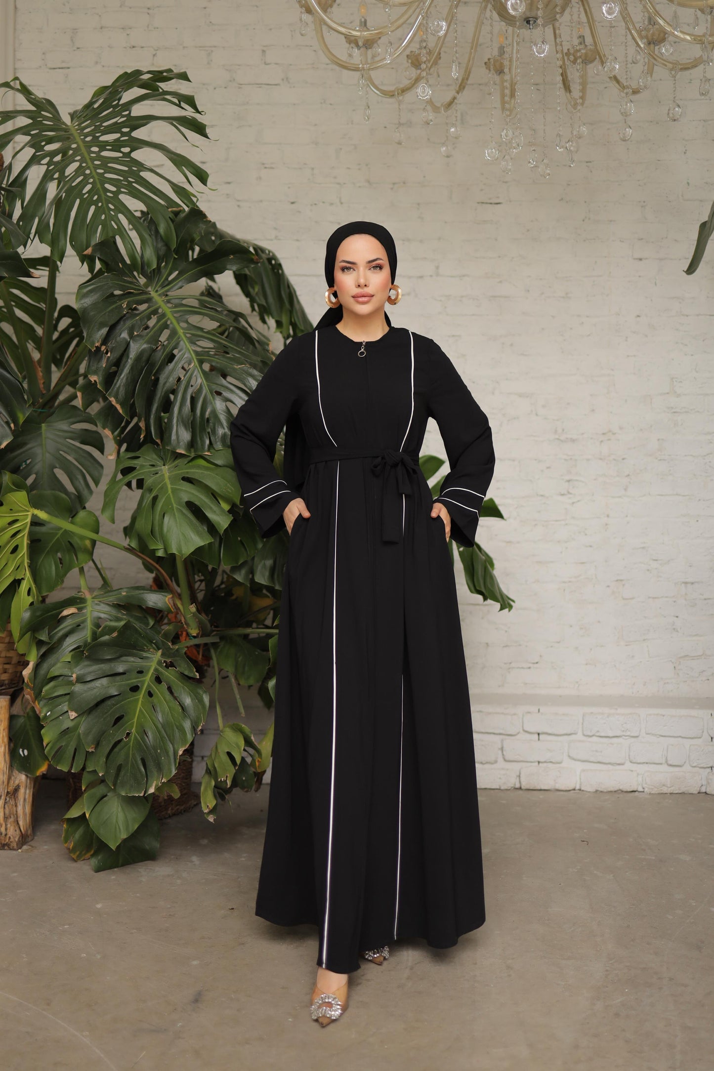 Elegant Black Abaya with Contrast Piping & Waist Tie