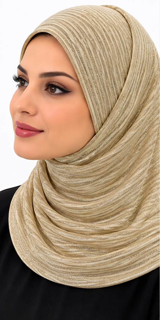 Champagne Gold: Woman wearing a champagne gold 2-piece slip-on hijab with elegant shimmer stripes and a matching undercap.
