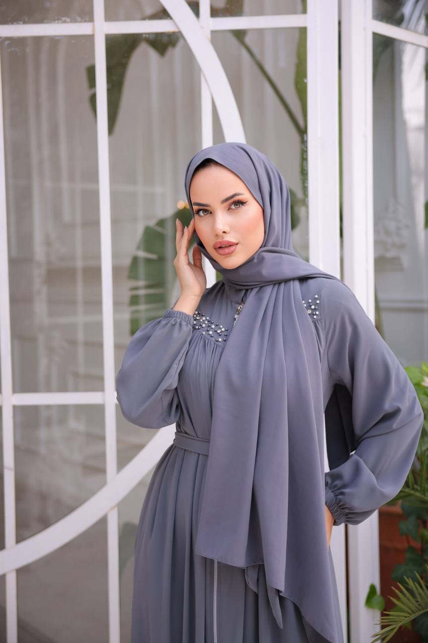 Grey Pearl-embellished Zipper Abaya