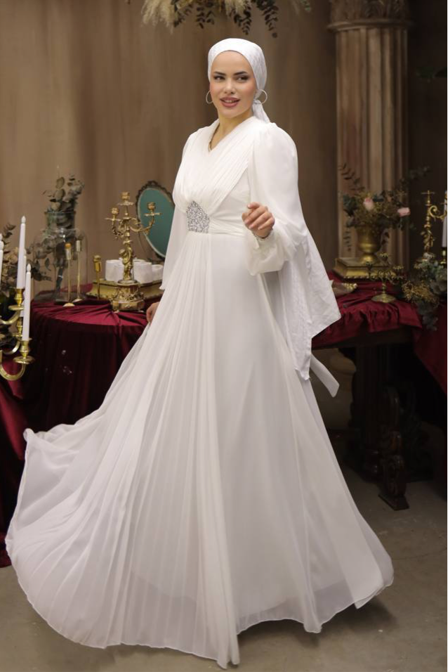 White Modest Long Sleeve Chiffon Evening Dress