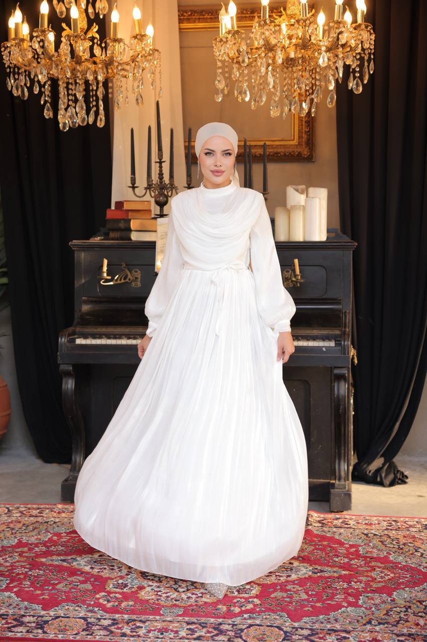 Long Sleeve Ruched Dress - White - Modest Evening Dress