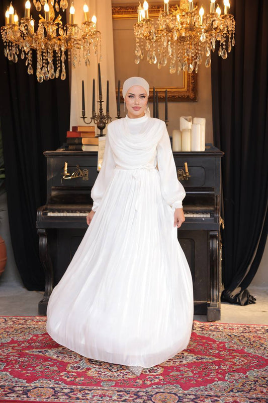 Long Sleeve Ruched Dress - White -  Modest Evening Dress