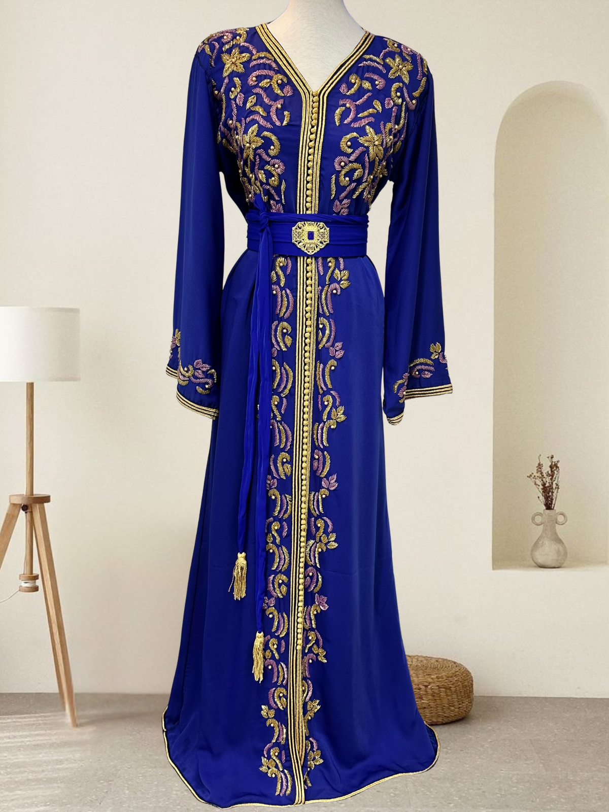 Royal blue Moroccan Kaftan made from premium crepe silk with gold and lilac embroidery, matching belt with tassels – one size fits all, available at Tendances An-Nisa Montréal and Shopanisa.ca