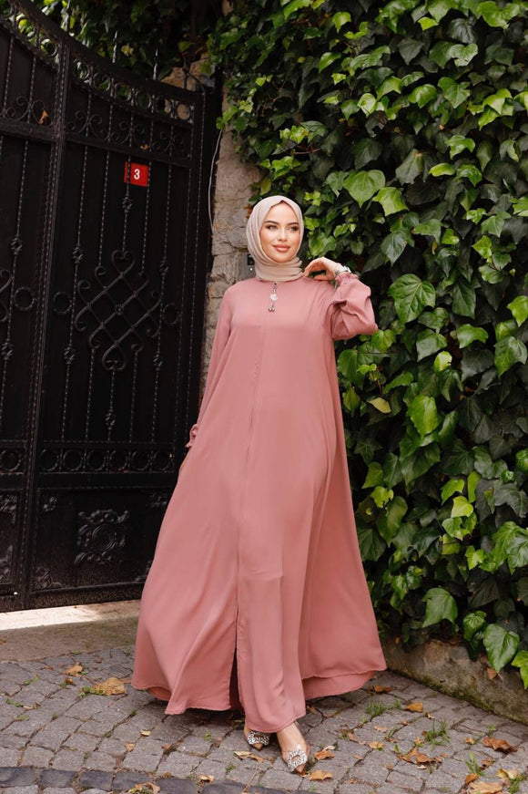 Front zipper pink abaya with side pockets 