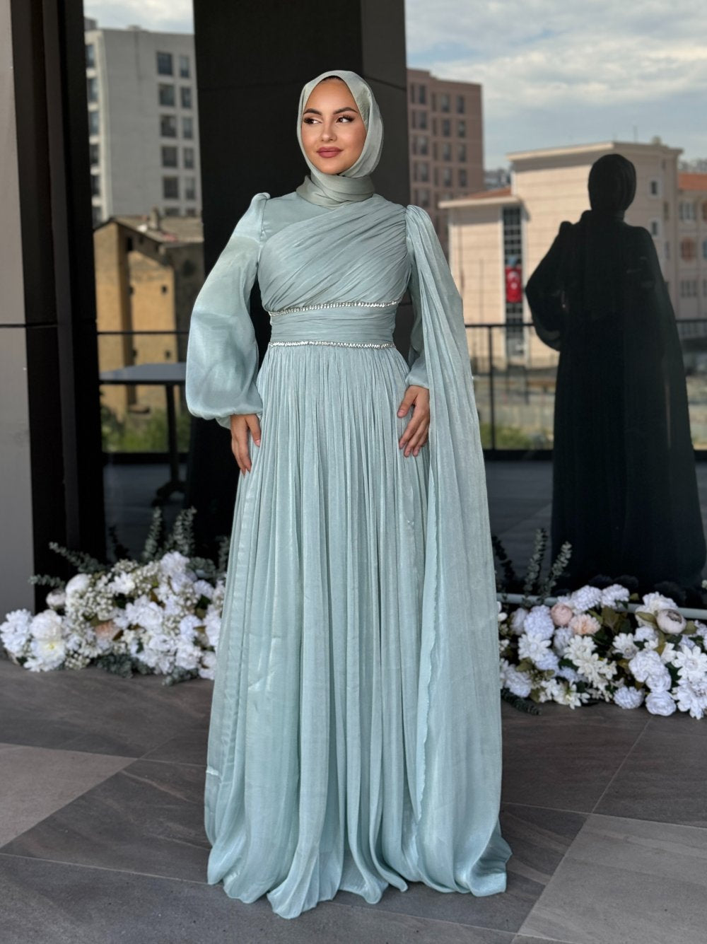 Dusty Rose Luxury Evening Gown – Long Sleeve Pleated Maxi Dress