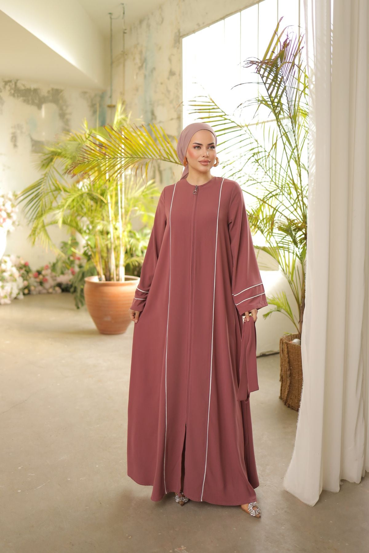 Elegant Rose Pink Abaya with Contrast Piping & Waist Tie