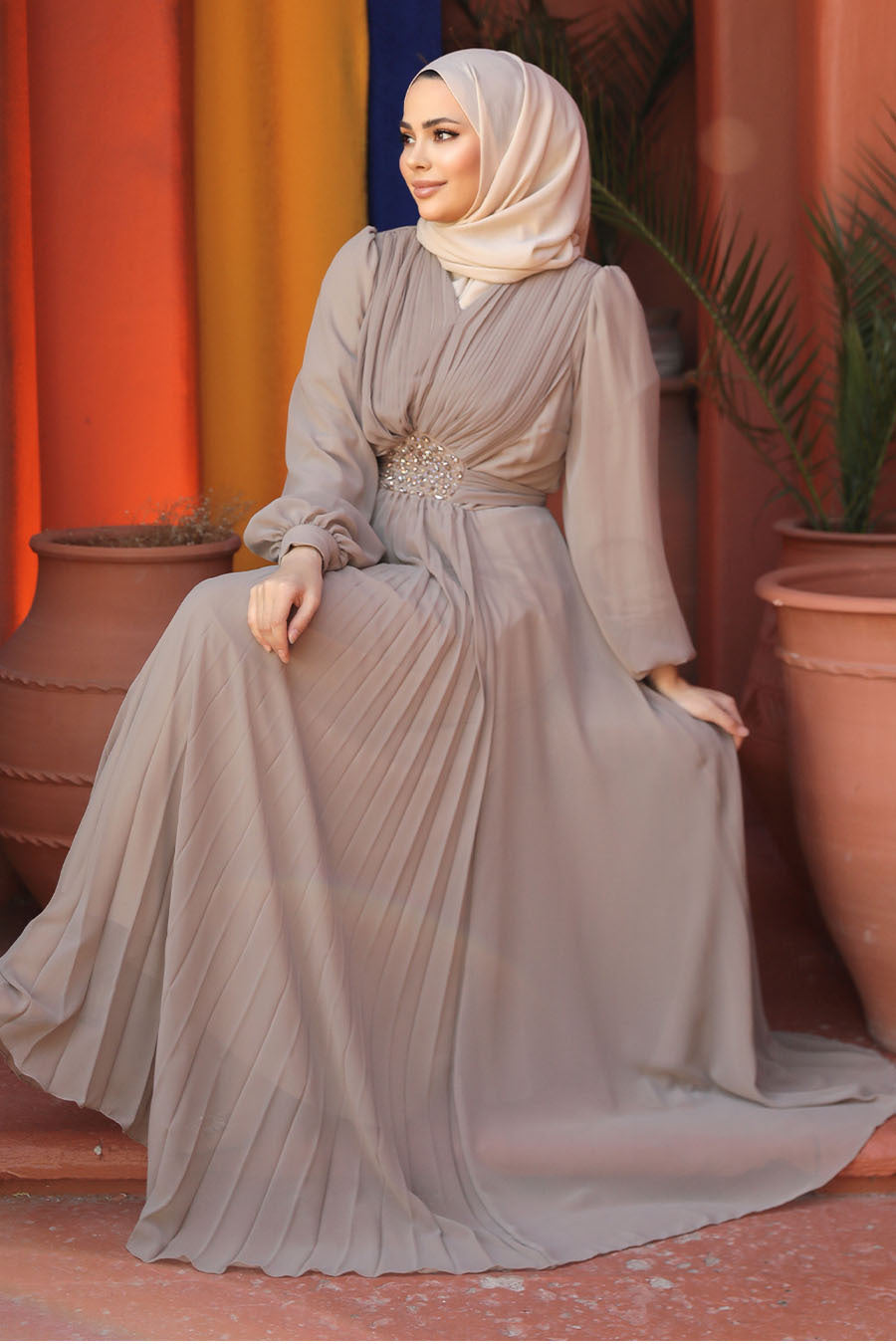 Long Sleeve Chiffon Dress - Mink Modest Evening Dress