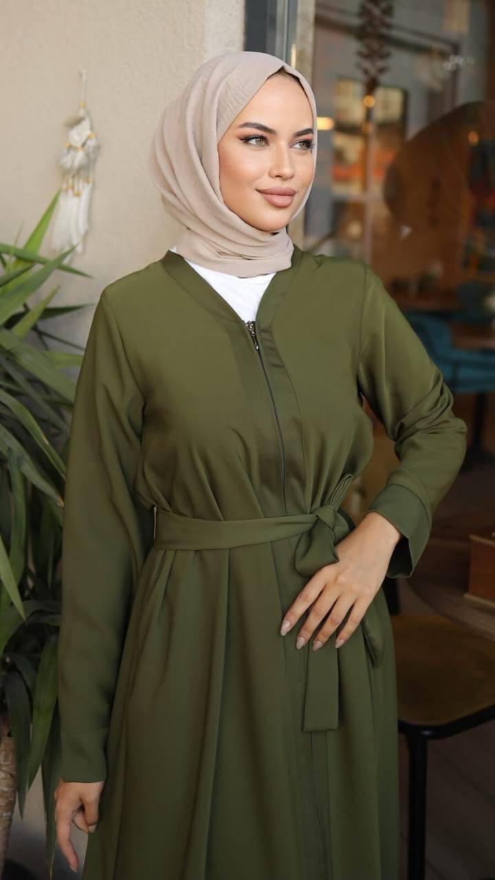 Flowy Olive Green Abaya with Adjustable Waist Belt