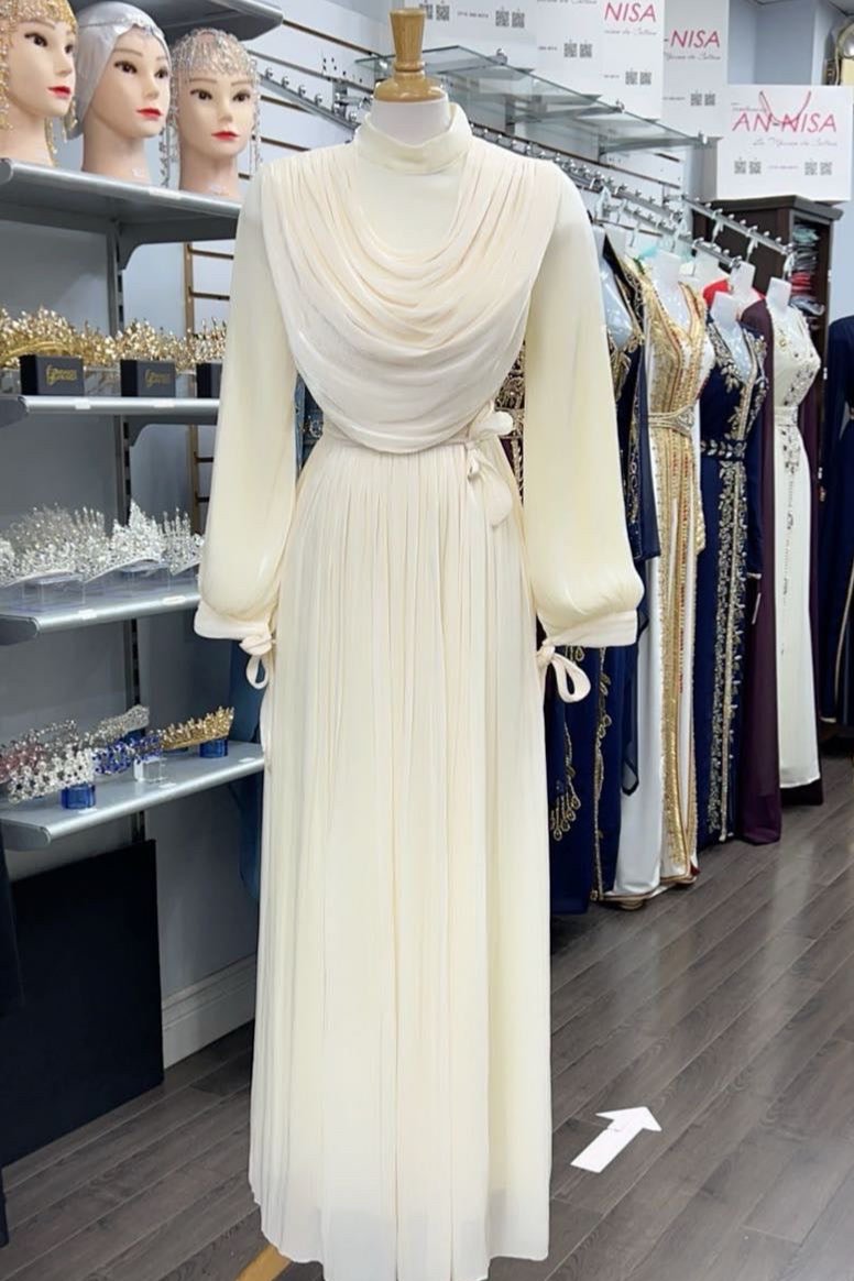Long Sleeve Ruched Dress - Cream- Modest Evening Dress
