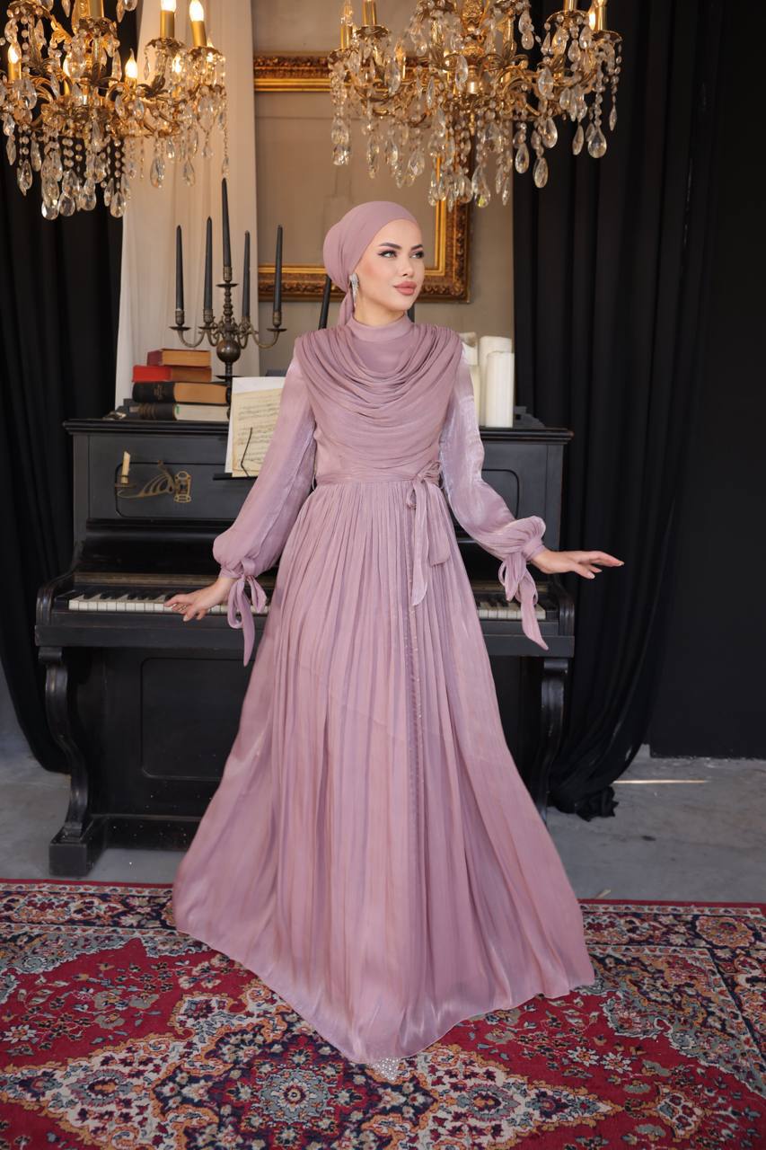 Long Sleeve Ruched Dress - Blushed - Modest Evening Dress