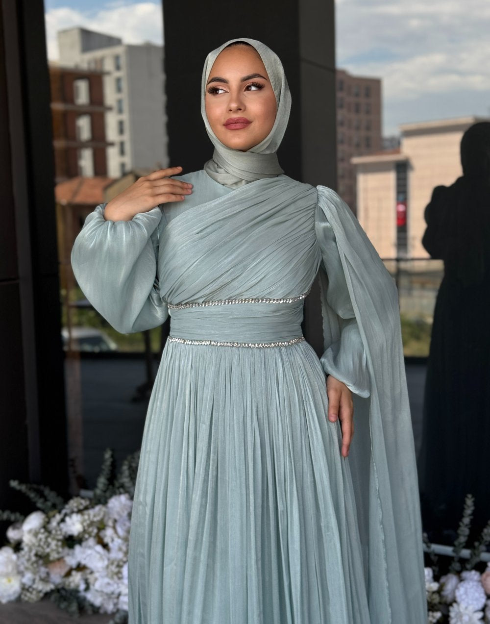 Dusty Rose Luxury Evening Gown – Long Sleeve Pleated Maxi Dress