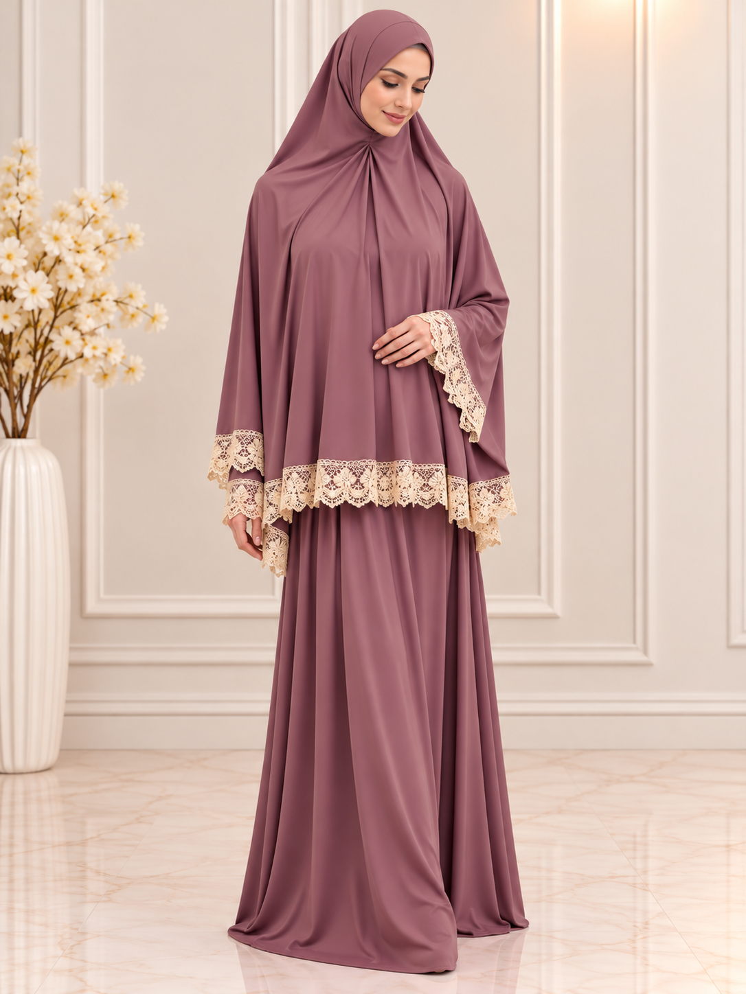 Elegant 2-piece Islamic prayer set featuring a flowing khimar, matching full-length skirt, and delicate cream floral lace trim, modeled by a Muslim woman.