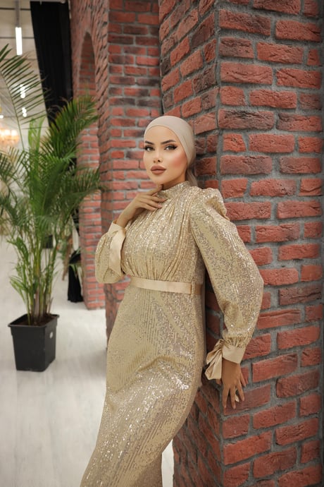 Gold Long Sleeve Sequin Evening Dress