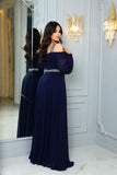 Off-shoulder Long Sleeves Blue Evening Gown