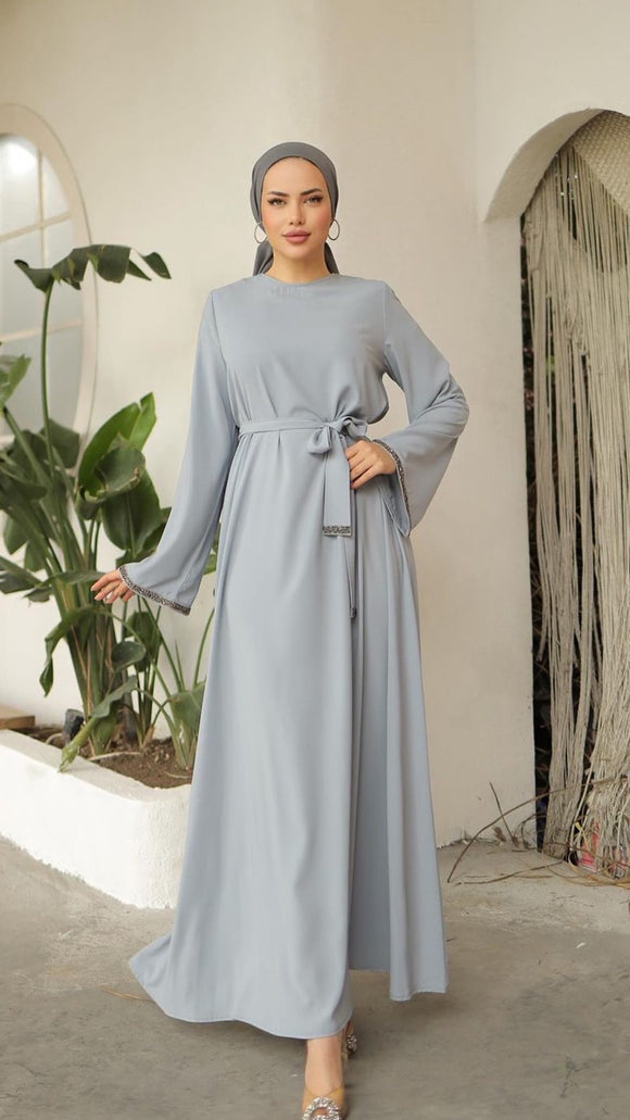 Simple abaya with belt - silver blue 