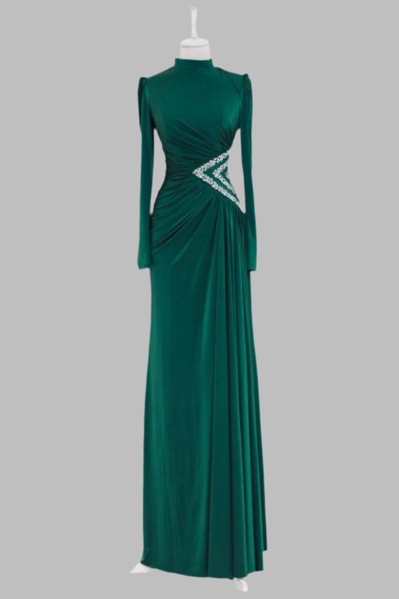 Green Long Sleeve Jersey Evening Dress - Rhinestone Embellished Shopanisa - Tendances An-Nisa Green Long Sleeve Jersey Evening Dress - Rhinestone Embellished Shopanisa - Tendances An-Nisa