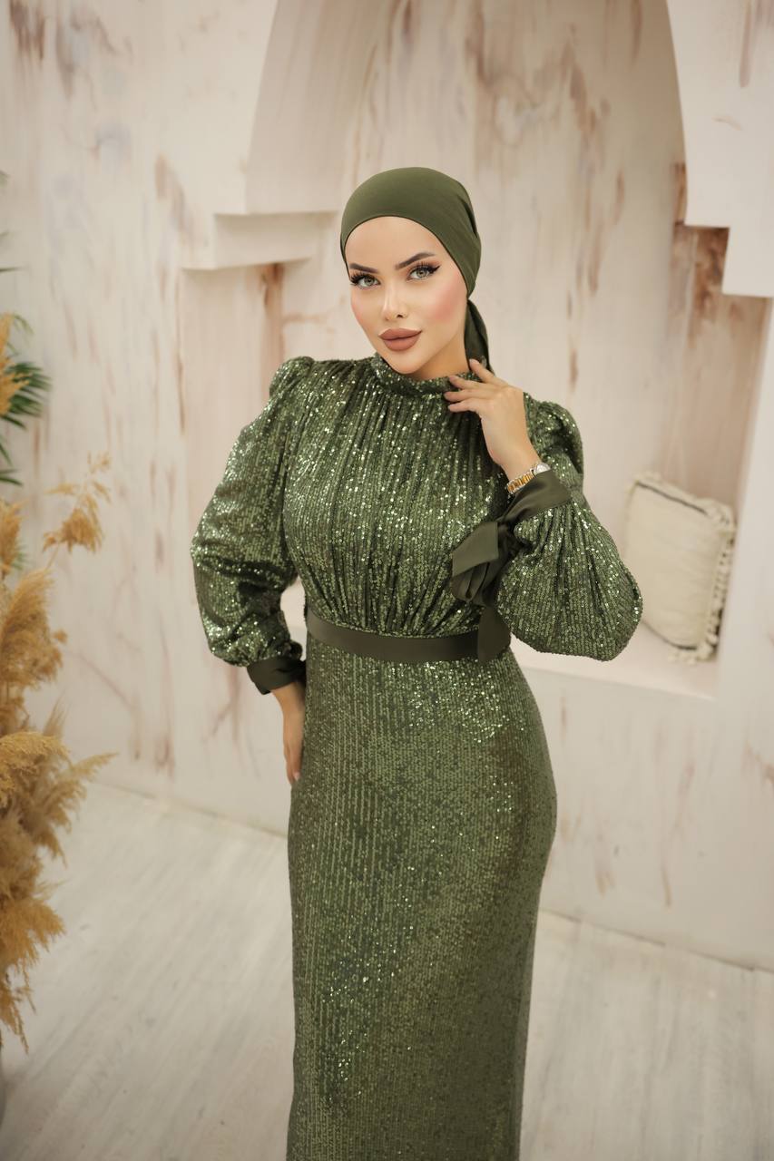 Green Long Sleeve Sequin Evening Dress