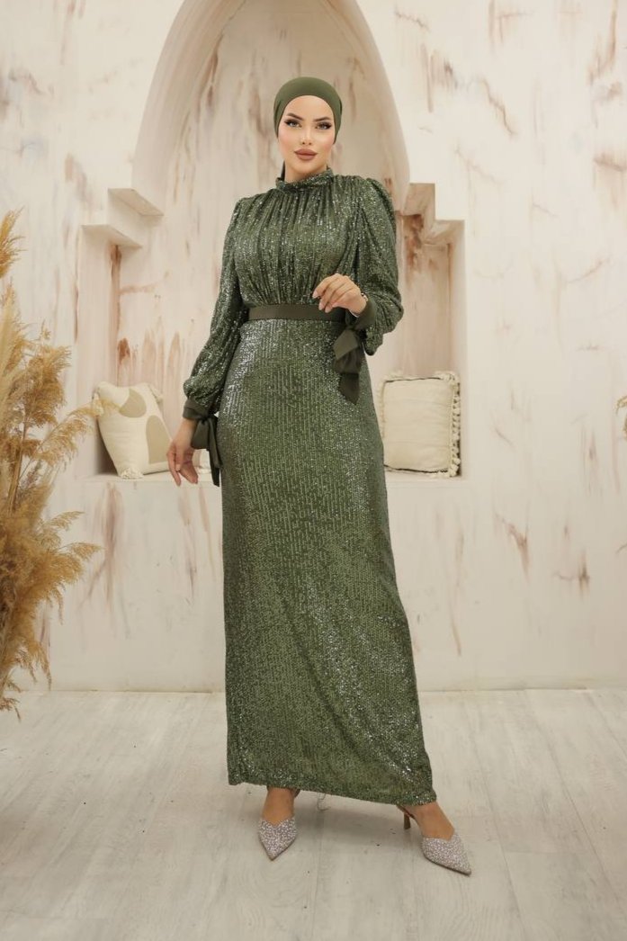 Green Long Sleeve Sequin Evening Dress
