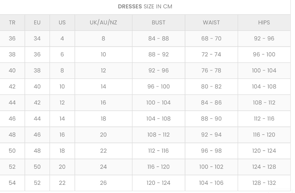 Dress size guide in centimeters, showing international size conversions (TR, EU, US, UK/AU/NZ) along with bust, waist, and hip measurements. Includes measurements in centimetres for sizes 36 to 54.