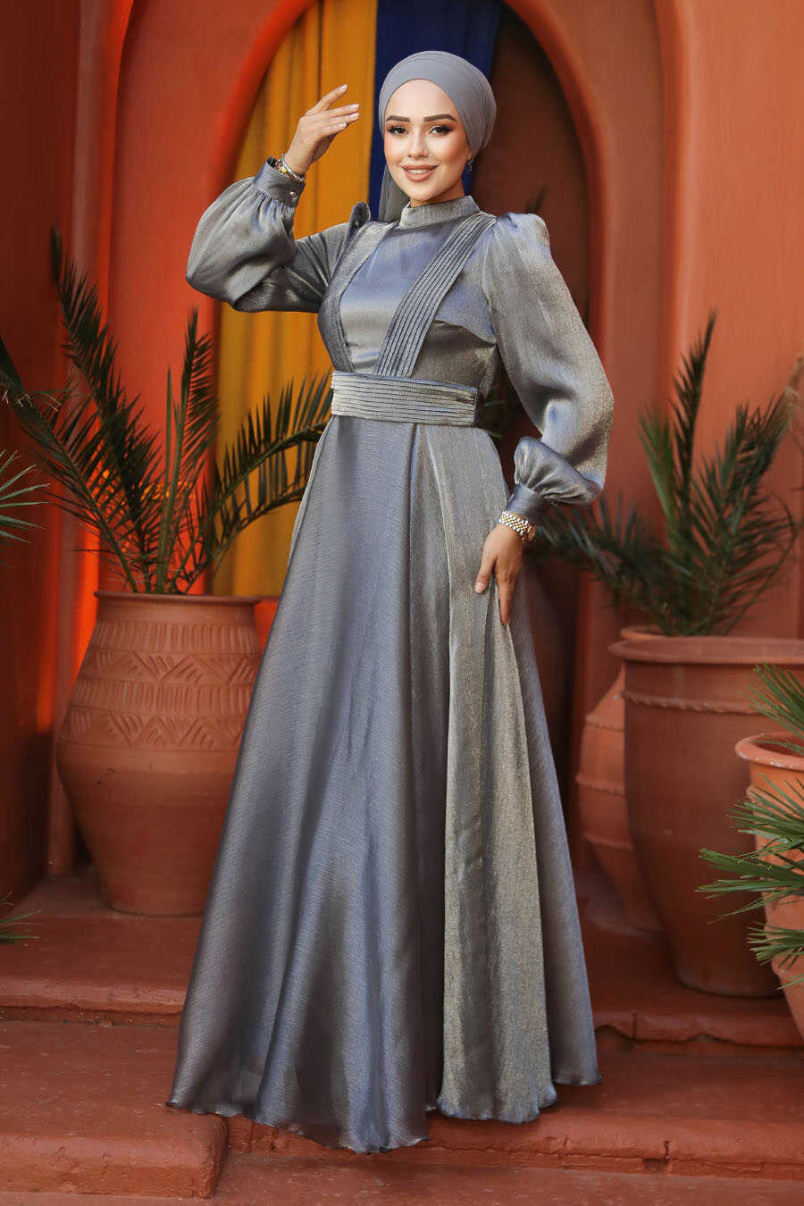 Satin Organza Modest Evening Dress - Metallic Blue