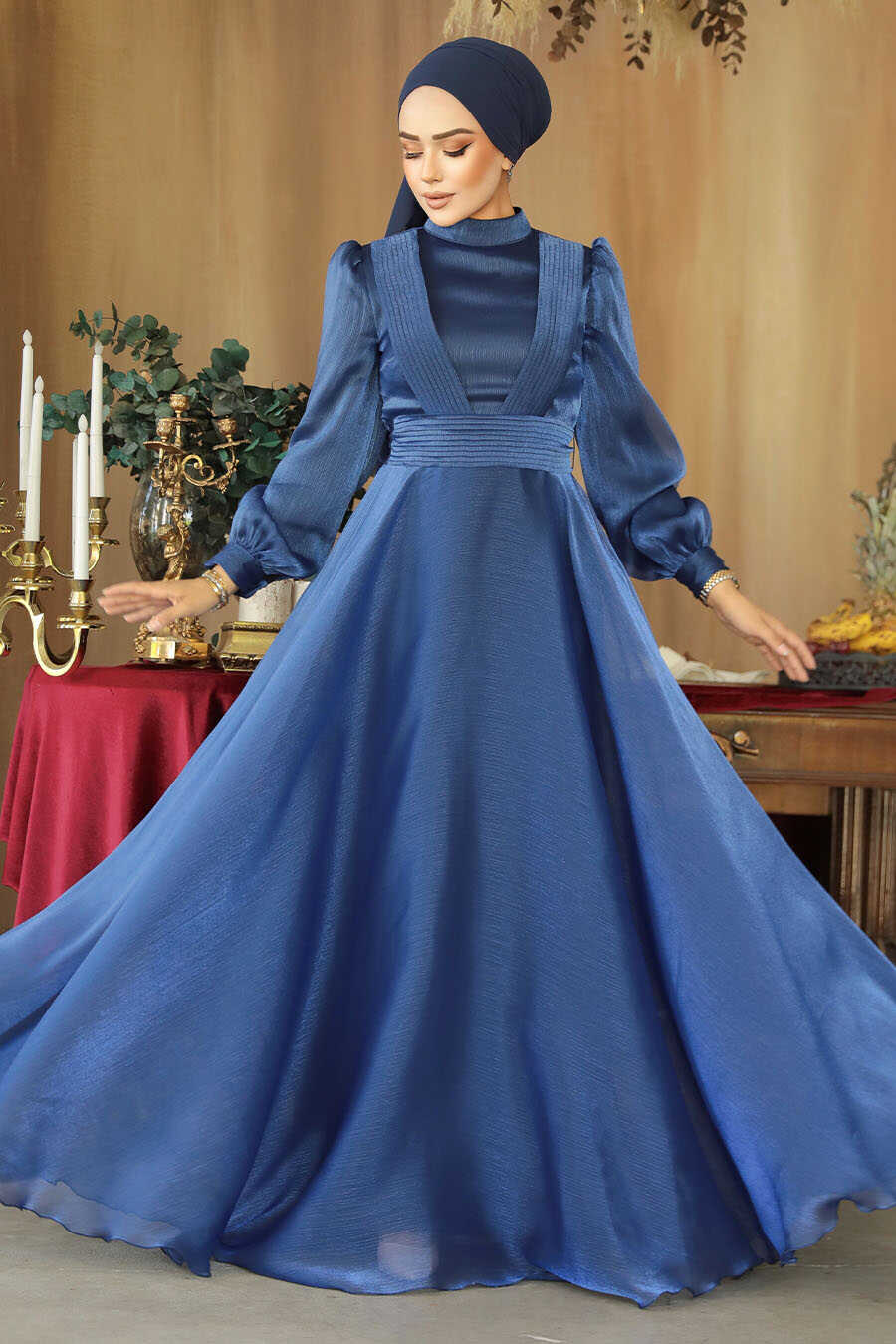 Satin Organza Modest Evening Dress - Metallic Blue
