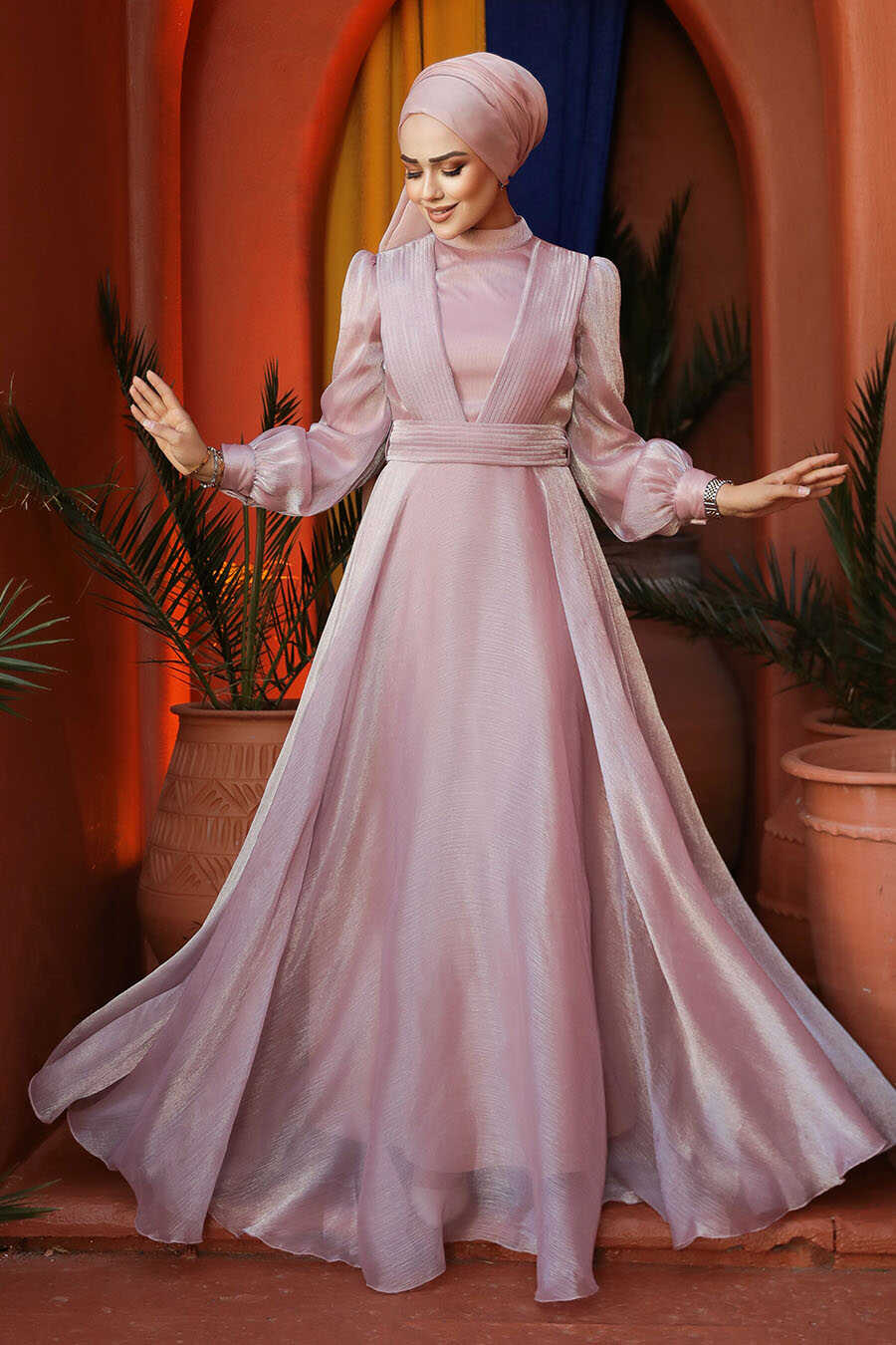 Satin Organza Modest Evening Dress - Metallic Blue