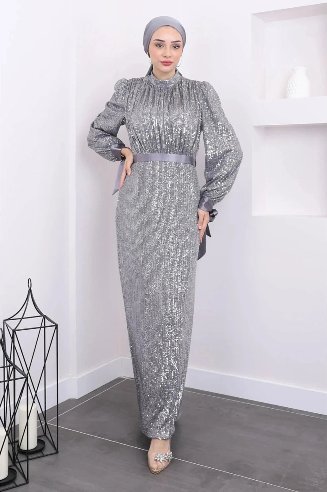 Long sleeve modest dress - sequin silver