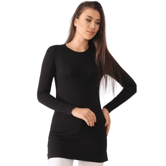 Black Long Sleeve Mid-Thigh T-Shirt-Women's T-shirt-Shopanisa