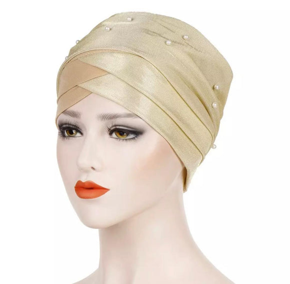 Gold Pearl Pre-Tied Head Wrap-Head Cover-Shopanisa