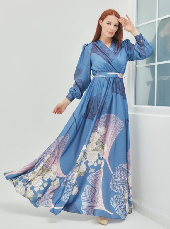 Printed Criss Cross Satin Dress - Blue-Shopanisa