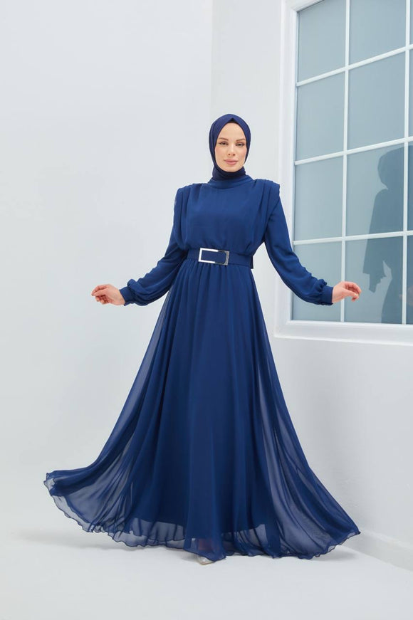 Long Sleeve Chiffon Dress - Navy blue