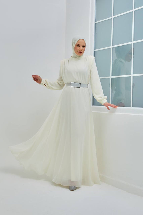 Long Sleeve Chiffon Dress - Off white