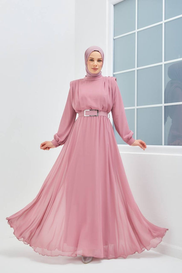 Long Sleeve Chiffon Dress - Pink