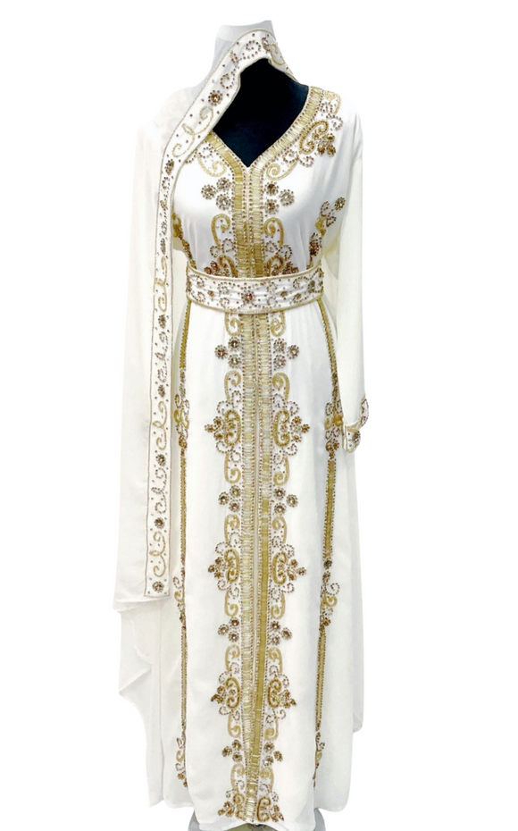 Gold Rhinestones Off-white Kaftan-Abaya Kaftan dress-Shopanisa