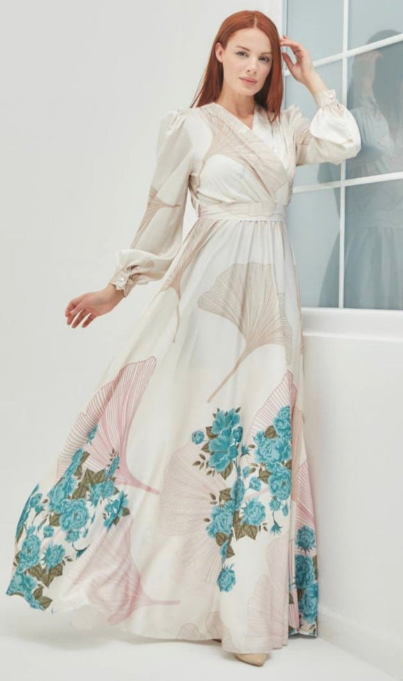 Floral Print Criss Cross Satin Dress - Cream-Shopanisa