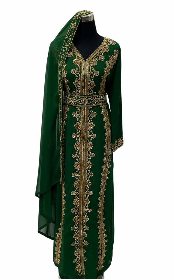 Gold Rhinestones Emerald Kaftan-Abaya Kaftan dress-Shopanisa