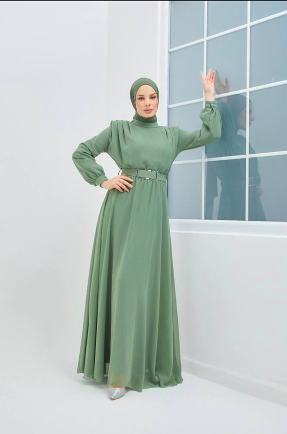 Long Sleeve Chiffon Dress - Green