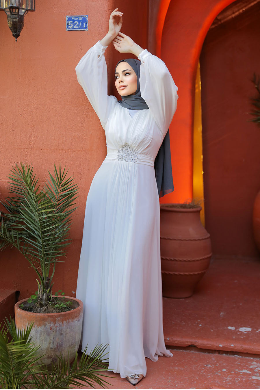 Long Sleeve Chiffon Dress - White Modest Evening Dress