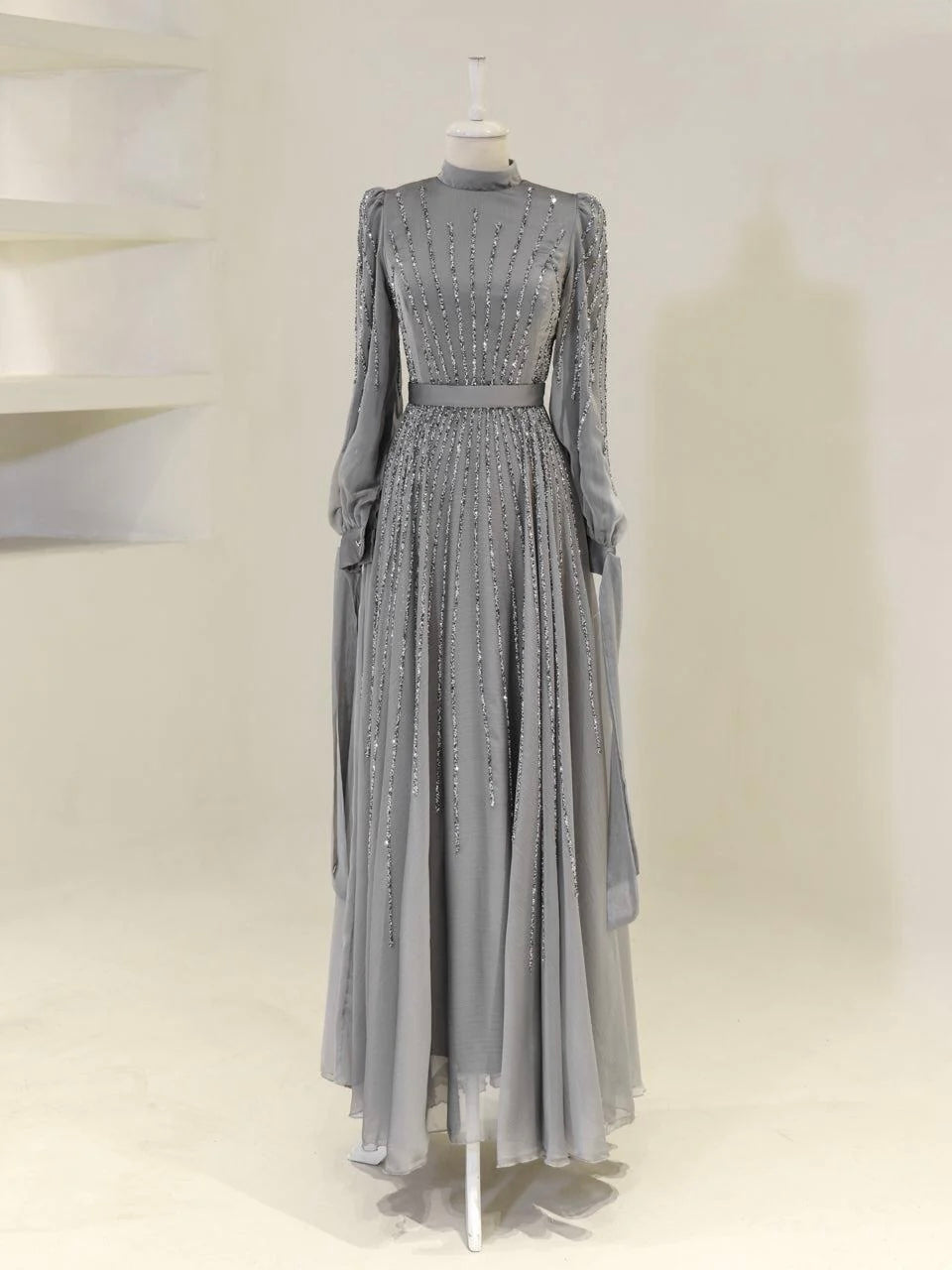 Silver Grey long sleeve Gown with embellish shimmering