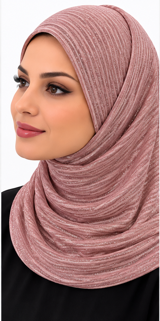 Woman wearing a dusty rose 2\-piece Lycra slip\-on hijab featuring delicate glitter stripes and a beautifully draped finish\.