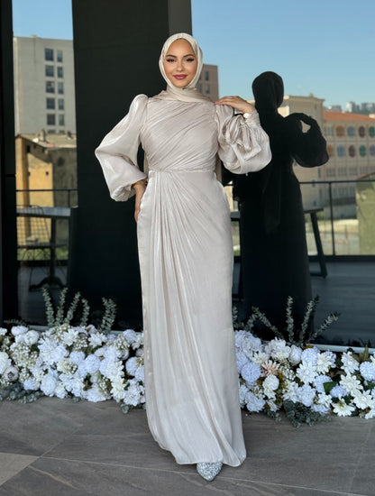Elegant Draped Long Sleeve Maxi Dress – Champagne Pearl