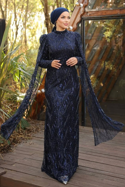 Anastasia - Long sleeve Navy Blue Gown