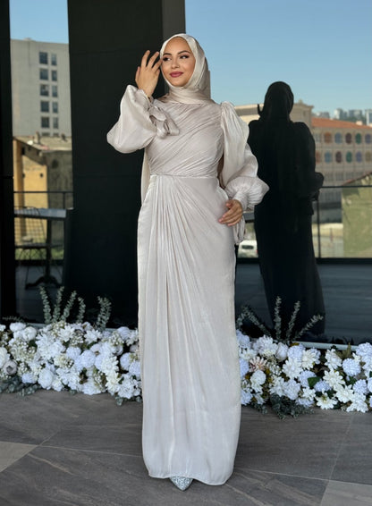 Elegant Draped Long Sleeve Maxi Dress – Champagne Pearl