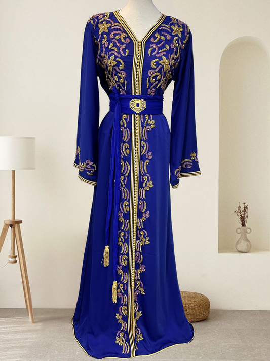 Royal blue Moroccan Kaftan made from premium crepe silk with gold and lilac embroidery, matching belt with tassels – one size fits all, available at Tendances An-Nisa Montréal and Shopanisa.ca