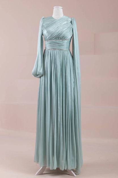 Turquoise Luxury Evening Gown – Long Sleeve Pleated Maxi Dress
