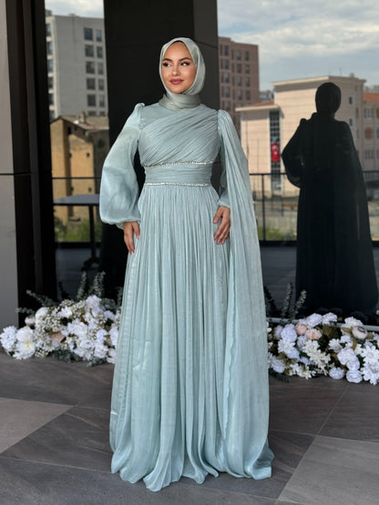 Dusty Rose Luxury Evening Gown – Long Sleeve Pleated Maxi Dress