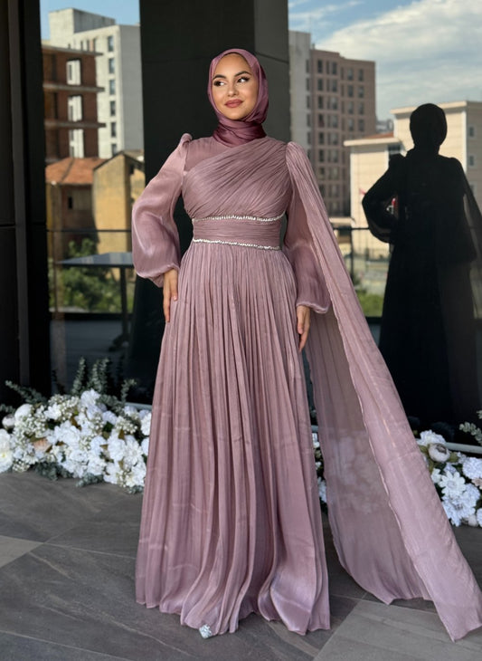 Dusty Rose Luxury Evening Gown – Long Sleeve Pleated Maxi Dress
